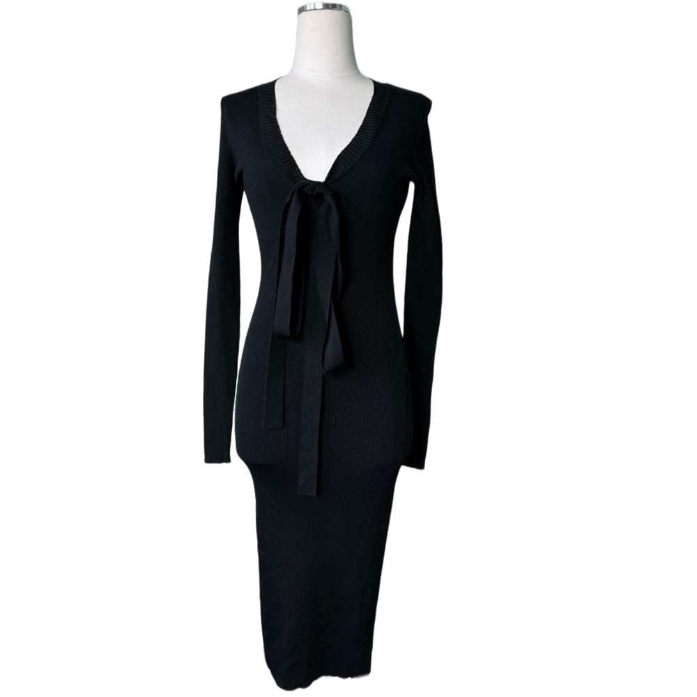 Dion Lee Black Ribbed Knit Bodycon Longsleeve V-Neck Midi Dress AU 8 US 4